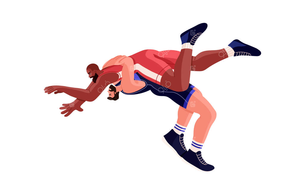 کشتی‌گیران آزادکار در مسابقات ورزشی: کشتی‌گیران بین‌المللی در نبرد مبارزه می‌کنند - حمله ورزشکار به حریف و پرتاب او به زمین - تصویر وکتور تخت جدا شده بر روی زمینه سفید