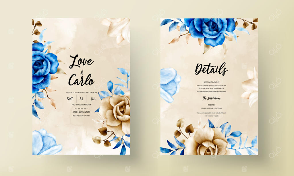 کارت دعوت عروسی با گل‌ها و برگ‌های آبرنگی زیبا