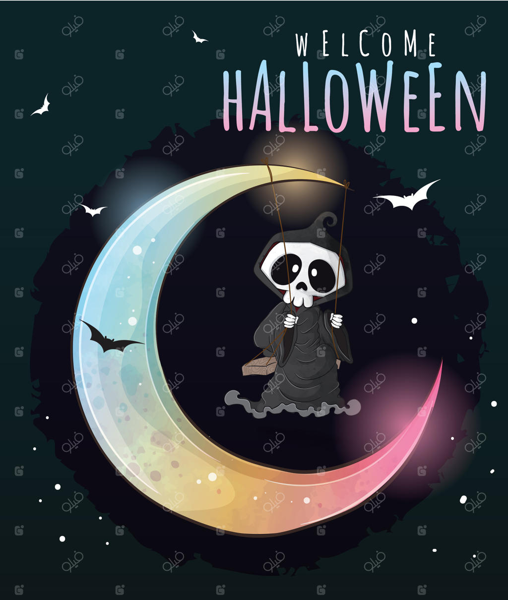 تصویرسازی هالووین: فرشته مرگ بامزه - شخصیت کودکانه آبرنگی مخصوص هالووین