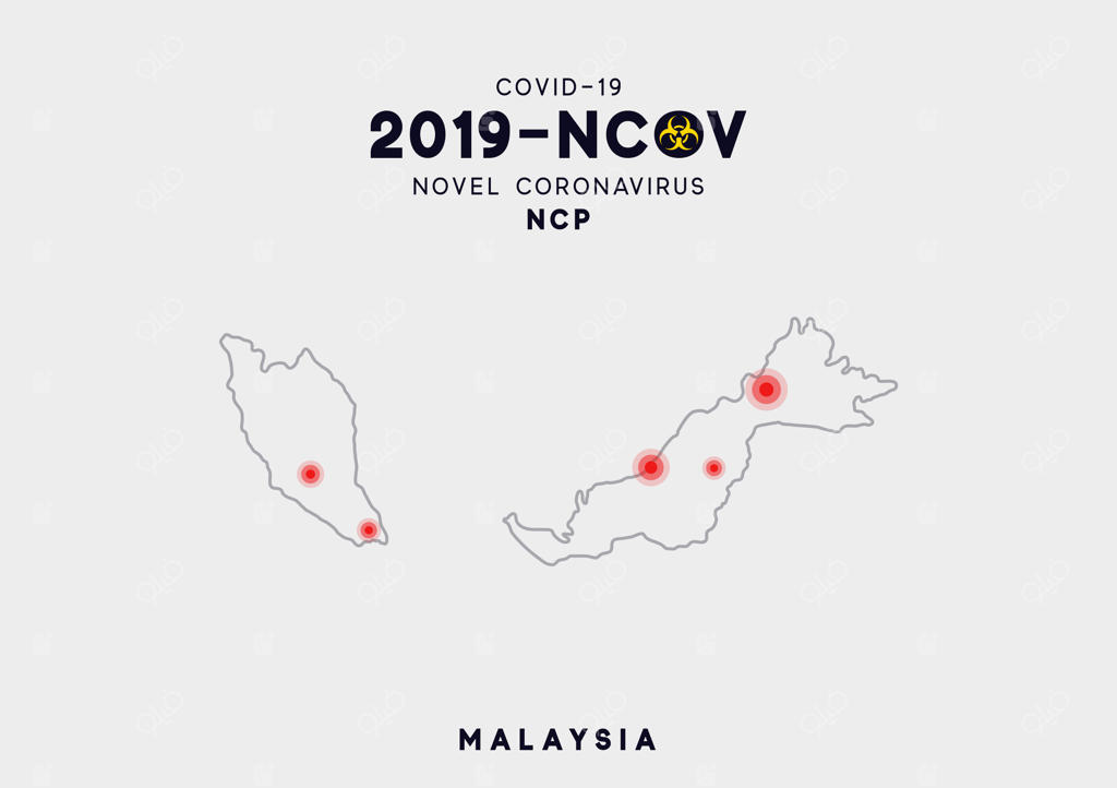اینفوگرافیک نقشه مالزی، موقعیت‌یابی شیوع ویروس کووید-۱۹. ویروس کرونا جدید (۲۰۱۹-انوکوو). ویروس کرونای تنفسی ۲۰۱۹ از چین. ان‌کوو یک ویروس آر‌ان‌ای تک‌رشته‌ای است.
