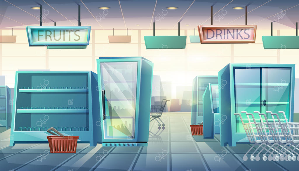 سوپرمارکت با دستگاه‌های فروش خودکار، قفسه‌های غذا و نوشیدنی، چرخ خرید و سبد دستی.