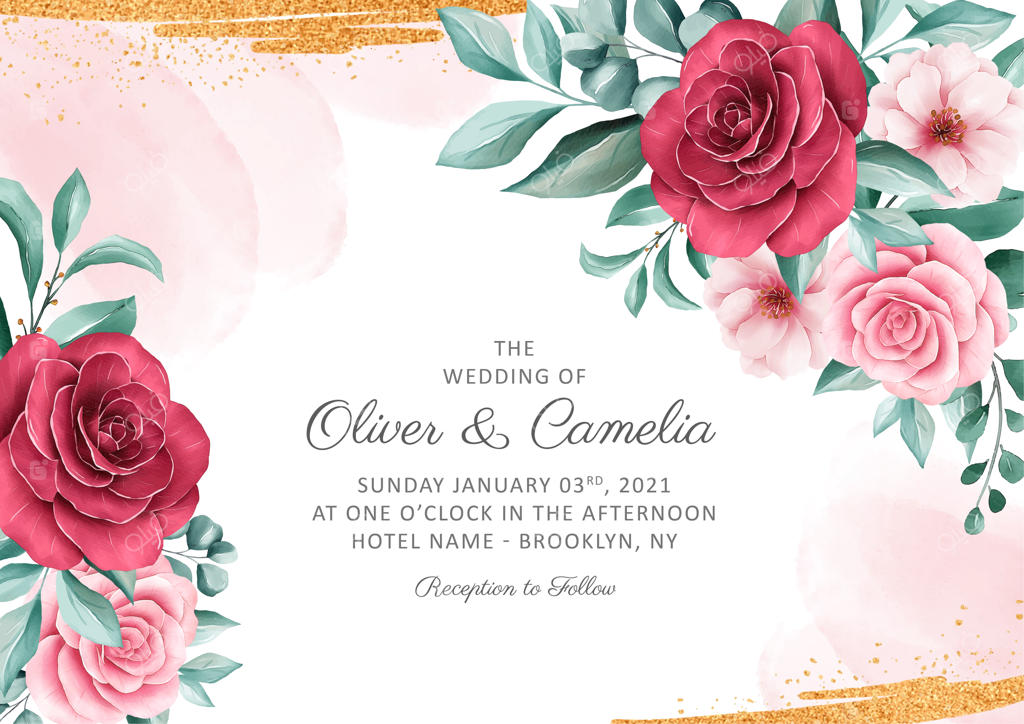 مجموعه قالب کارت دعوت عروسی با طراحی گیاهی شیک و تزیینات آبرنگ و اکلیل طلایی