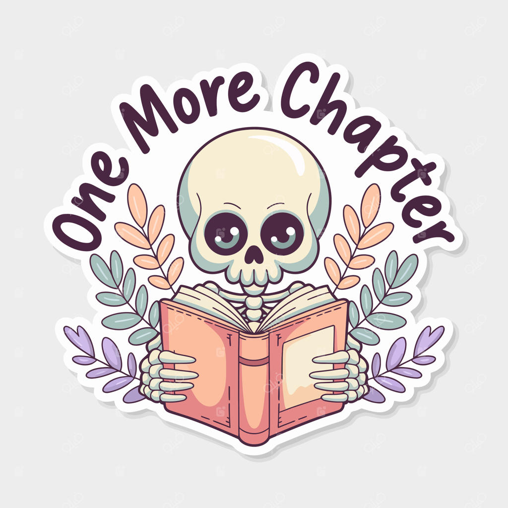 اسکلت بامزه در حال خواندن کتاب، تصویری کارتونی و جذاب با تزیینات گل، مناسب برای برچسب‌ها، کارت‌ها و هدیه‌های هالووین