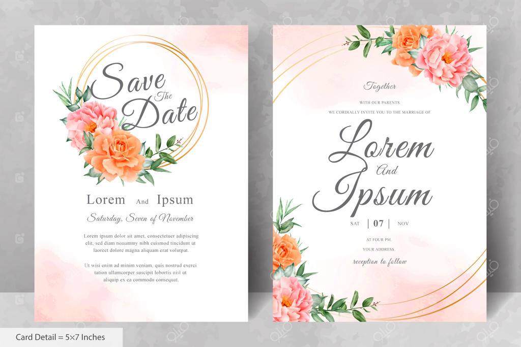 ست دعوتنامه عروسی گلدار آبرنگی با طراحی دستی گل صدتومانی و برگ‌ها