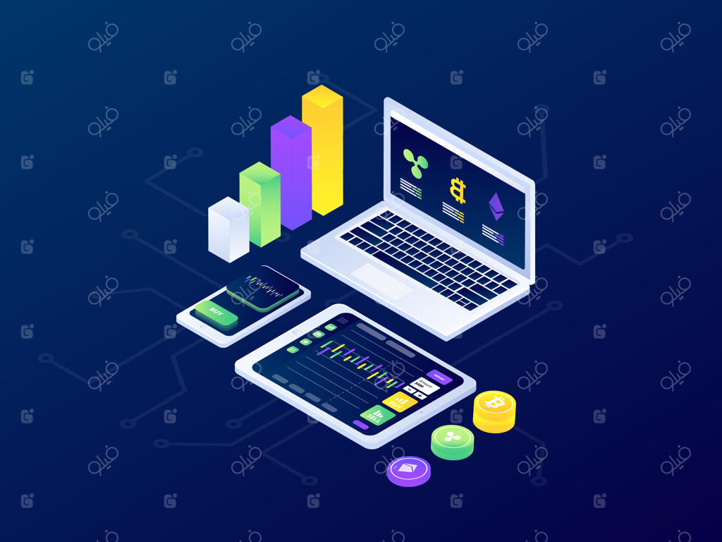 استخراج بیتکوین و بلاکچین ارزهای دیجیتال با طراحی ایزومتریک و آینده‌نگرانه