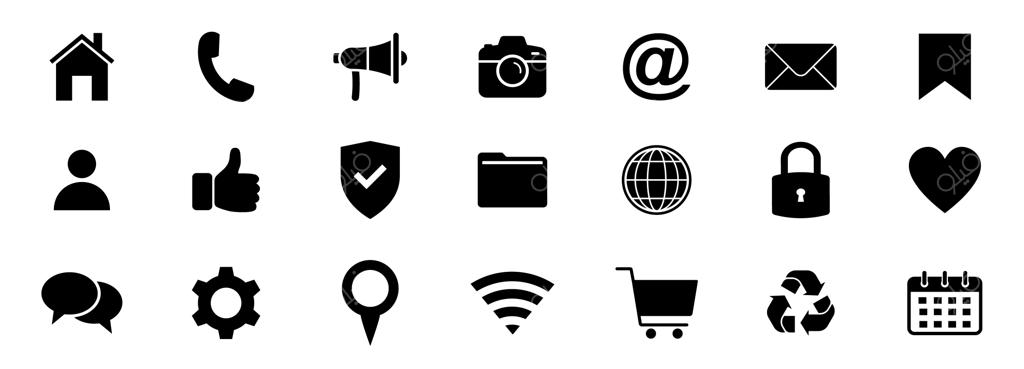 مجموعه آیکون‌های وب و ارتباطات شامل خانه، موقعیت مکانی، تماس، آدرس ایمیل، کره زمین، چت، پیام، تلفن، اطلاعات، پشتیبانی و جستجو