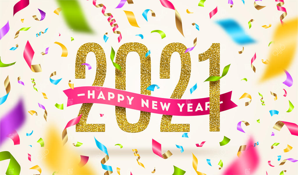 تصویر تبریک سال نو: عدد سال با روبان صورتی و کاغذپاشی‌های رنگارنگ.