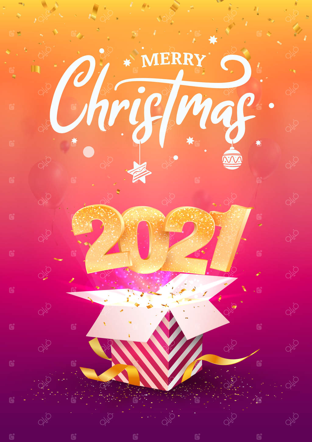 سال نو ۲۰۲۱ مبارک. جشن شاد کریسمس. اعداد طلایی از جعبه کادوی آبی بیرون می‌آیند.