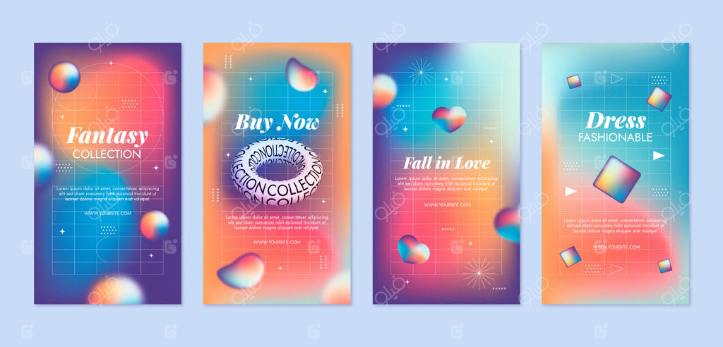 مجموعه استوری‌های اینستاگرام با پس‌زمینه گرادینت و بافت دانه‌دار