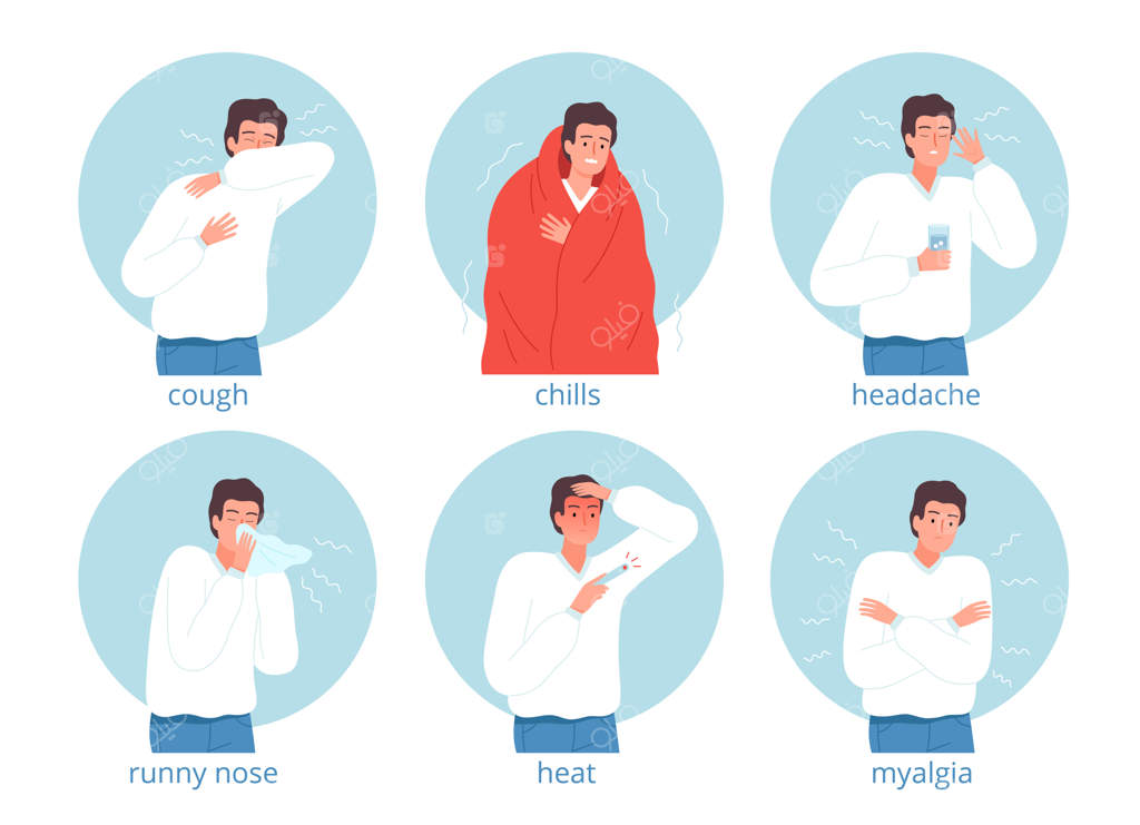 شخصیت‌های بیمار: شخصیت‌هایی با آنفولانزا، تخت بیمارستان، سردرد و مشکلات پزشکی. تصویرسازی شخصیت‌های بیمار و مبتلا به آنفولانزا.
