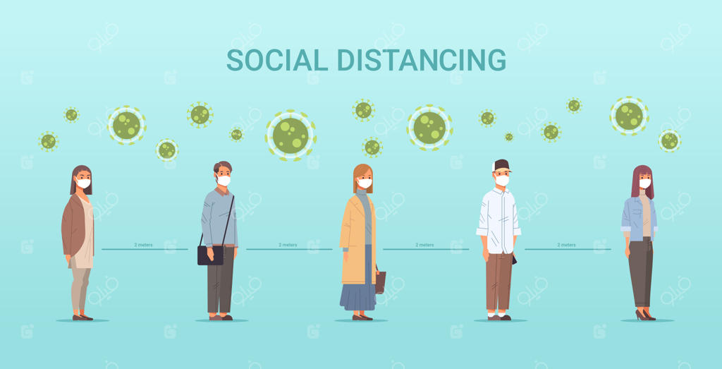 افراد با ماسک، مردان و زنان، در صف به منظور رعایت فاصله‌گذاری اجتماعی و پیشگیری از کووید-۱۹