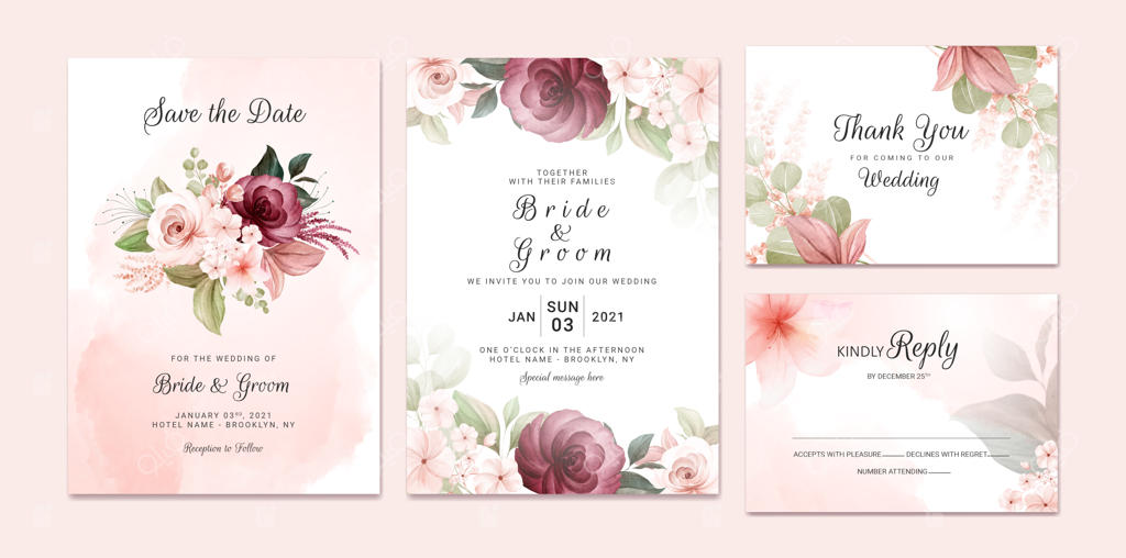 قالب دعوتنامه عروسی با طراحی گل‌های آبرنگی به رنگ زرشکی و قهوه‌ای و حاشیه‌های تزئینی. مفهوم طراحی کارت گیاهی