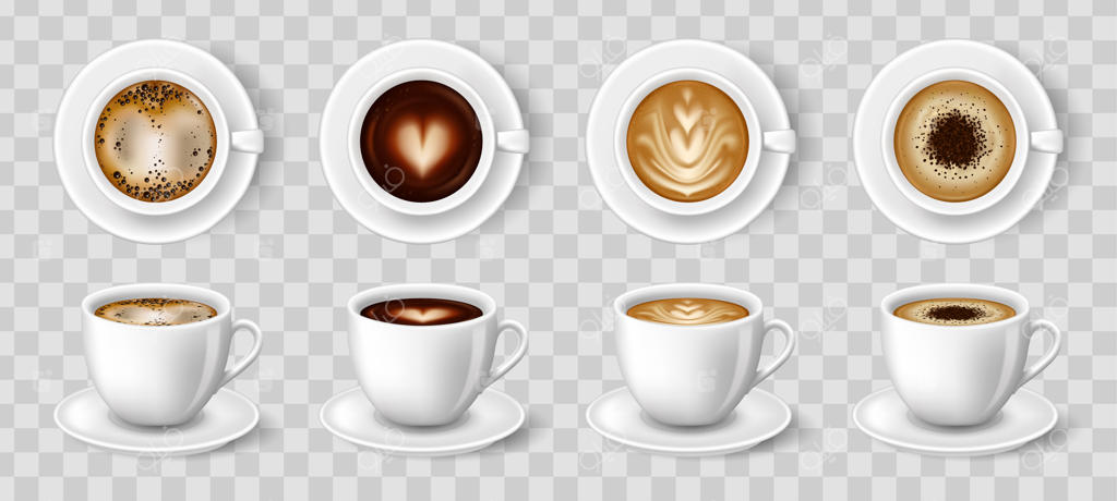 فنجان‌های سفید قهوه: اسپرسو، لاته و کاپوچینو - نوشیدنی‌های گرم