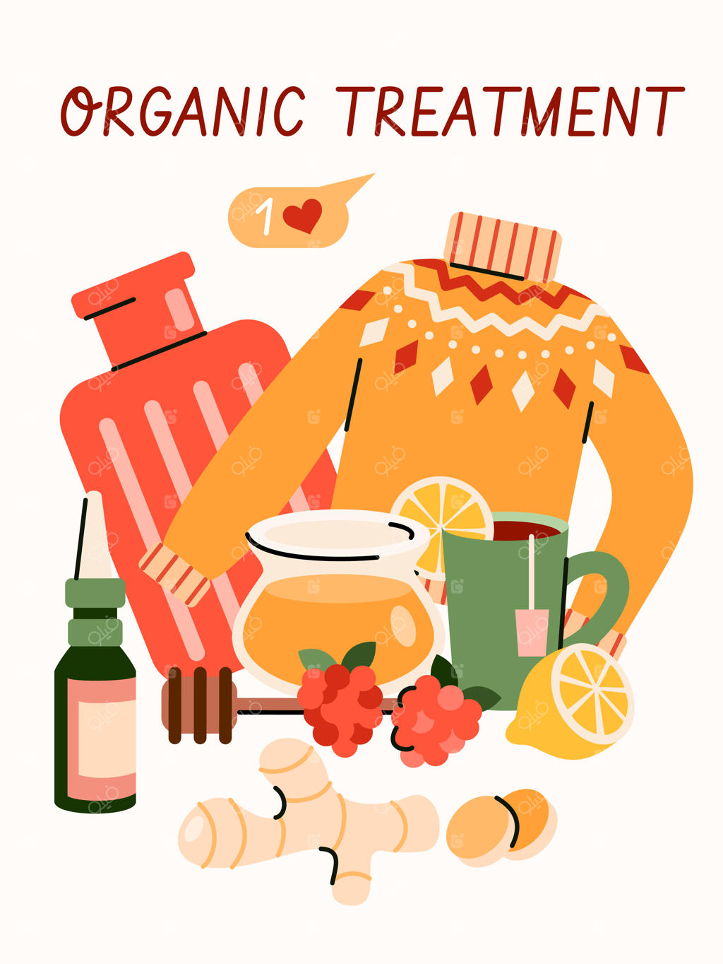 درمان‌های خانگی برای سرماخوردگی یا آنفولانزا - پوستر کارتونی با عناصر طبیعی. عسل، زنجبیل، چای لیمو و دیگر درمان‌های طبیعی، تصویرسازی.