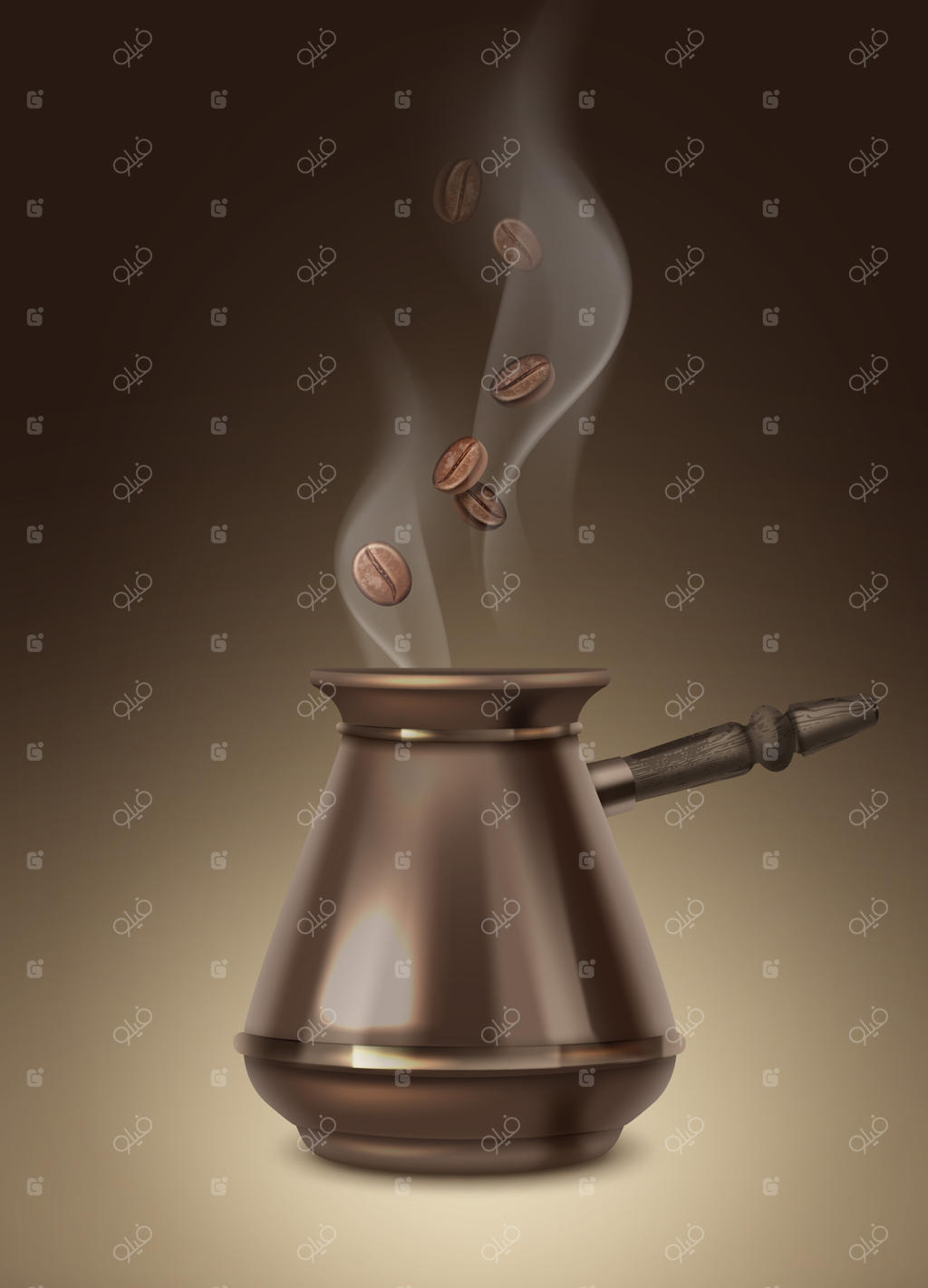 تصویری از دانه‌های معطر قهوه و قهوه‌جوش دسته‌چوبی با بخار