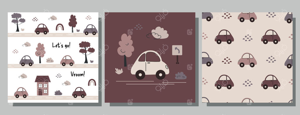 مجموعه الگوهای پیوسته با ماشین‌ها، درختان، علائم جاده و ابرها در رنگ‌های ملایم بژ و بنفش، مناسب برای طراحی‌های کودکانه و دکور اتاق نوزاد