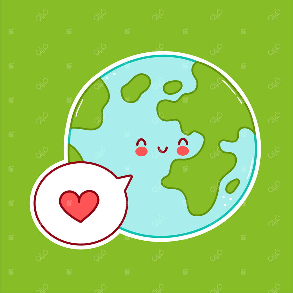 شخصیت کارتونی بامزه و شاد کره زمین با قلب در حباب گفتار. طراحی آیکون. جدا شده بر روی زمینه سفید