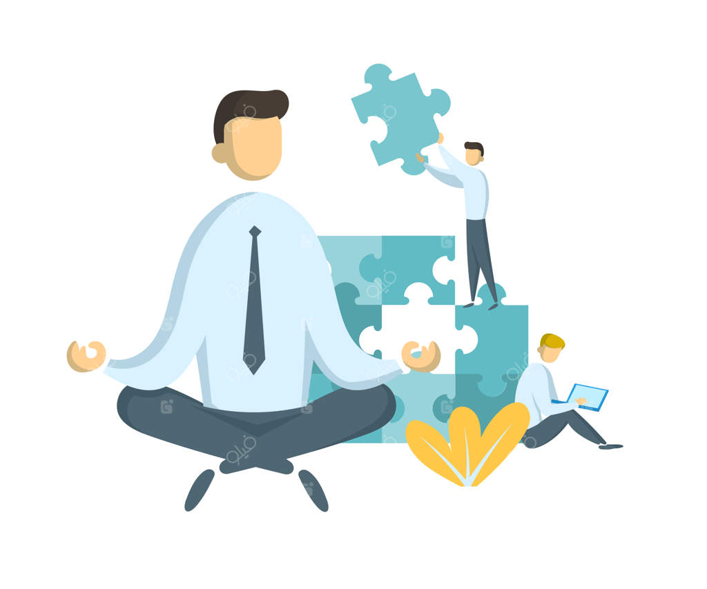 تاجر در حالت نیلوفر آبی تماشاگر ترکیب قطعات پازل. همکاری تیمی و رهبری. مدیریت استرس و رهبری. مشارکت و همکاری.