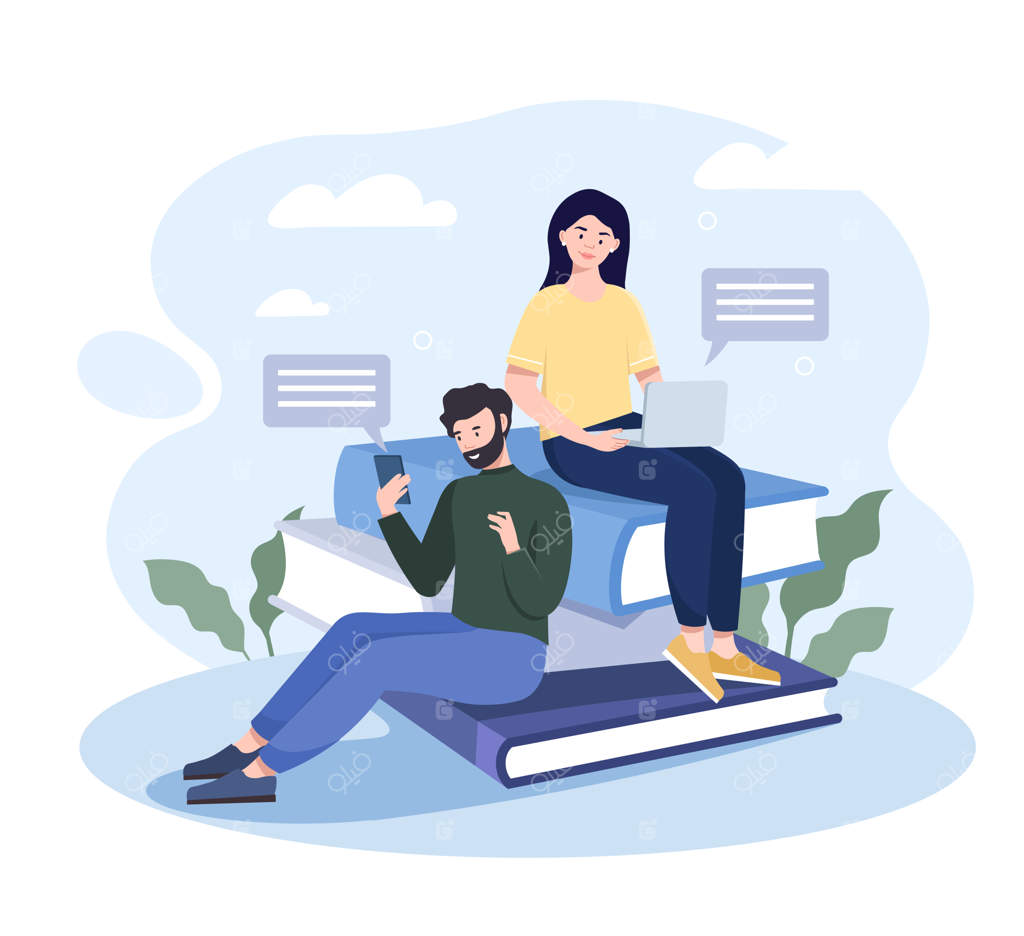 دختر و مرد در مفهوم تحصیل از راه دور با استفاده از گوشی و کامپیوتر ارتباط برقرار می‌کنند