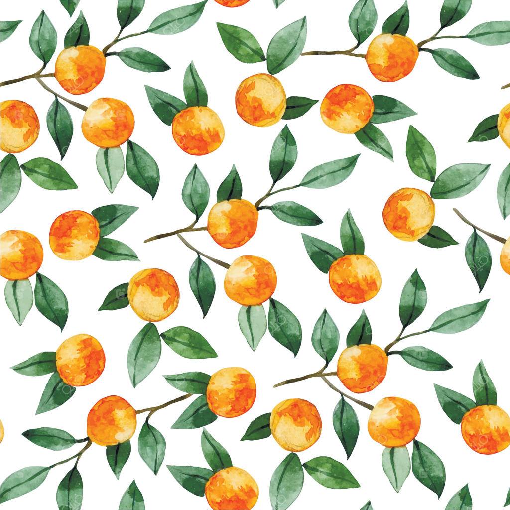 پترن یکپارچه با آبرنگ از پرتقال و نارنگی. چاپ با میوه‌های رسیده و برگ‌ها