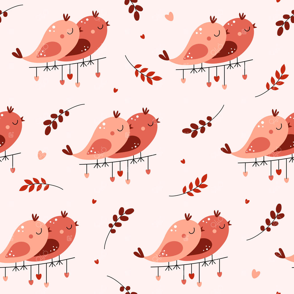 طرح یکپارچه زوجی از پرندگان زیبا بر روی گارلندی با قلب‌ها. روز ولنتاین. عشق، رمانتیک، روابط. تصویرسازی