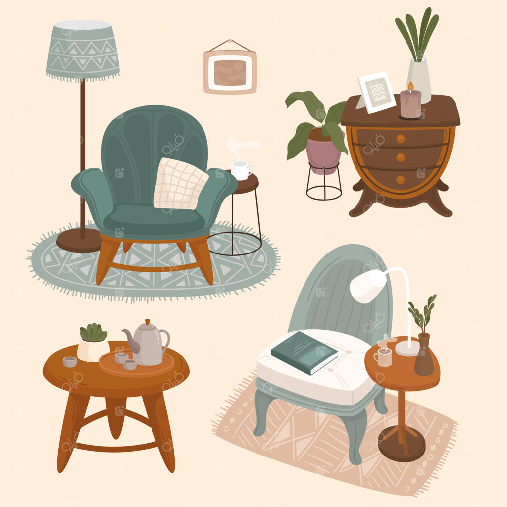 مجموعه‌ای از دکوراسیون داخلی با مبلمان شیک و راحت و تزئینات خانگی