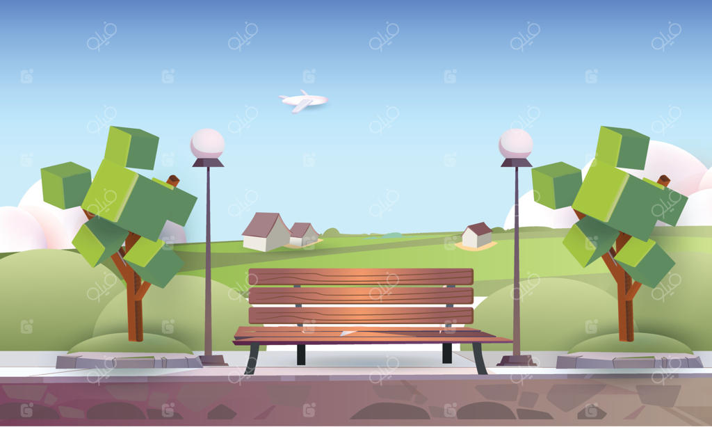 چشم‌انداز فضای باز کارتونی با جاده، صندلی چوبی و چراغ در منظره عمومی طبیعی