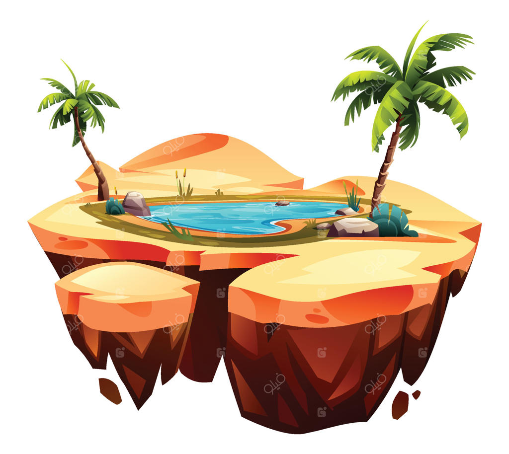 واحه‌ای با حوضچه آب و درختان نخل در جزیره‌ای شناور و شنی. تصویر کارتونی