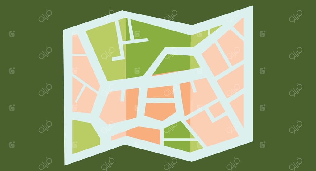 تصویر سازی طراحی تخت از یک نقشه کاغذی تا شده که خیابان ها، باغ ها و مسیرها را نشان می‌دهد، نمادی از ناوبری، کاوش و برنامه‌ریزی شهری، با پس‌زمینه‌ای ساده و تمیز.