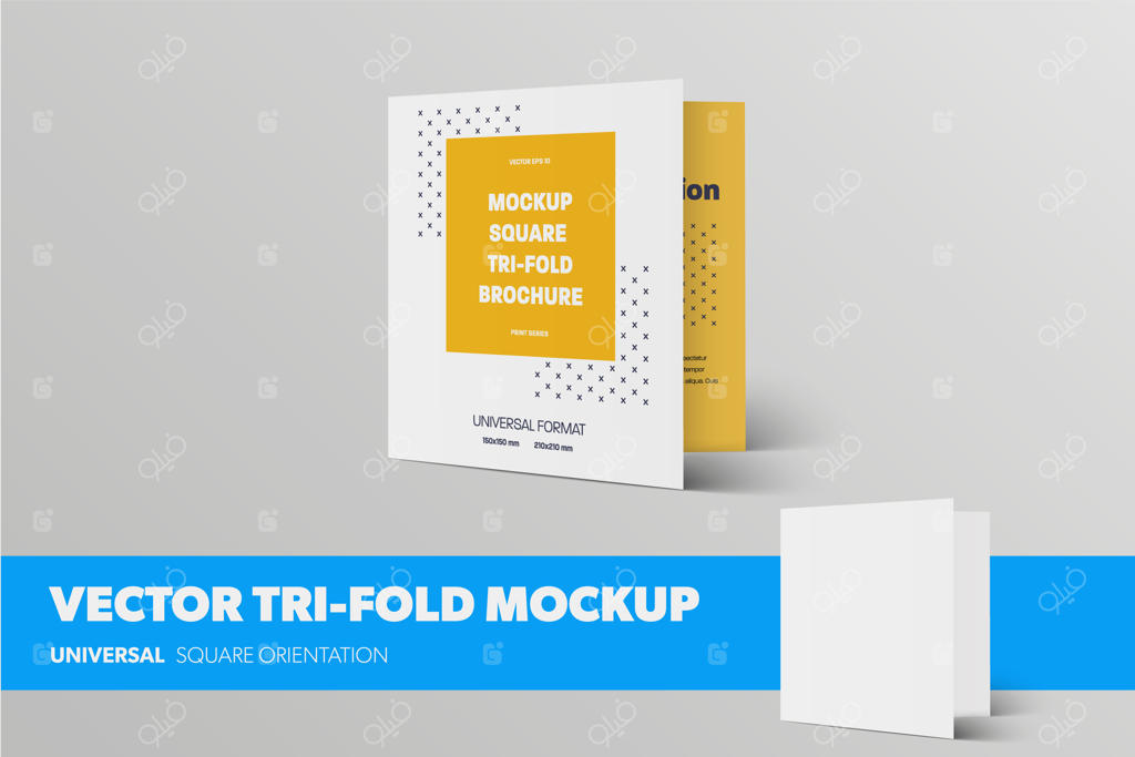 ماکت بروشور سه‌لتویی مربعی با طرح انتزاعی و سایه‌های واقعی، بر روی زمینه‌ای مجزا؛ پترن استاندارد بروشور برای طراحی ارائه. طراحی بروشور در حالت بسته
