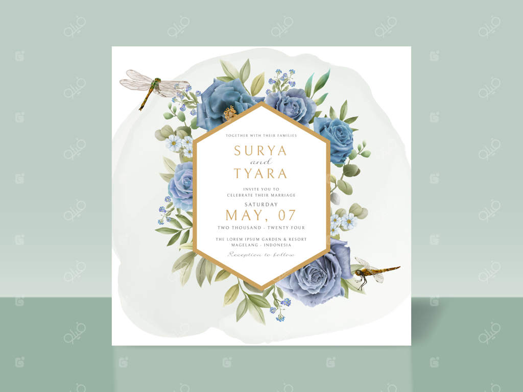 کارت دعوت عروسی با طرح دستی گل‌های آبی و سنجاقک