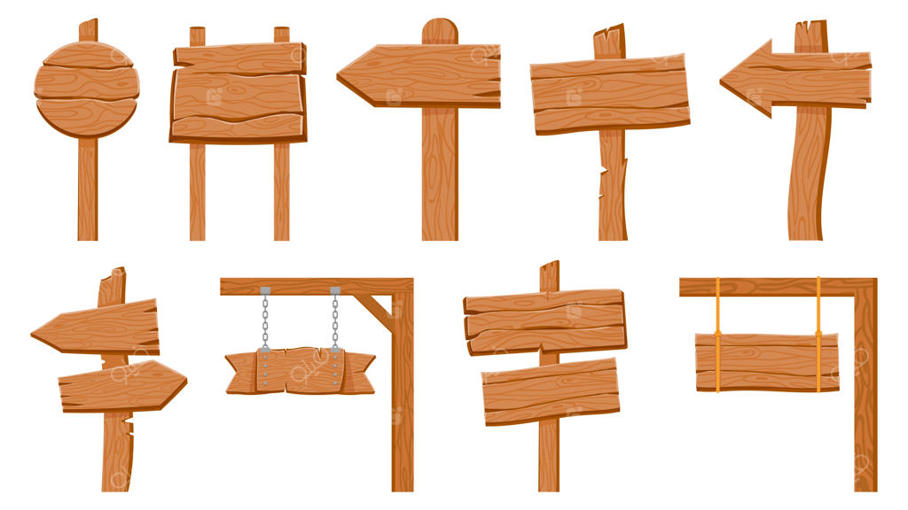 تابلوهای چوبی. تابلوهای چوبی خالی گرد و فلش‌دار. نشانگر جاده قدیمی کارتونی با چوب. مجموعه‌ای از تابلوهای راهنمای بافت‌دار. تصویر تخته چوبی خالی، بنر تابلوهای چوبی