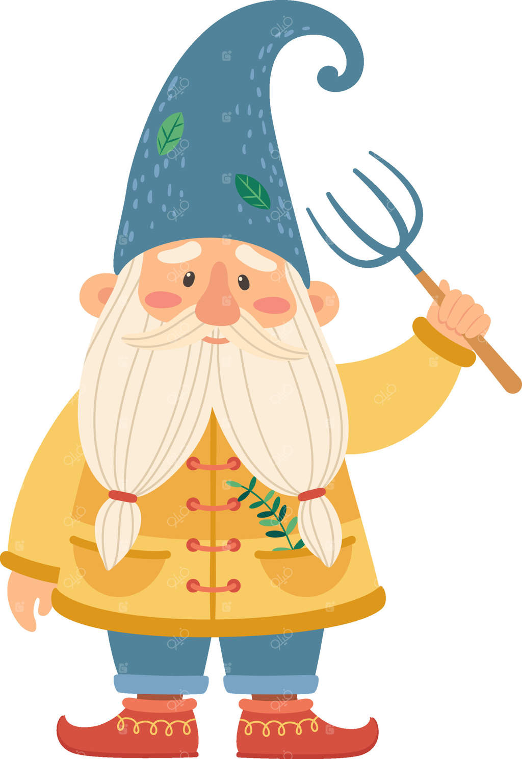 کوتوله باغ شاد، با کلاه بلند آبی و ریش سفید بلند، با افتخار ایستاده و چنگک باغبانی به دست دارد و آماده رسیدگی به باغ دوست‌داشتنی‌اش است.