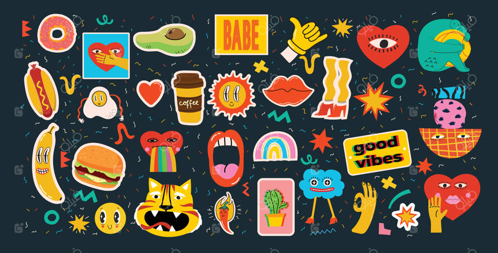 مجموعه بزرگی از تصاویر وکتور رنگارنگ برای پوسترها در طراحی فلت کارتونی؛ اشکال انتزاعی و چهره‌های دست‌کشیده با بافت‌های مختلف و شخصیت‌های خنده‌دار کمیک