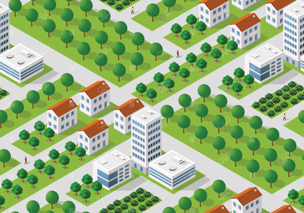 منظره شهری ایزومتریک با خانه‌ها و درختان