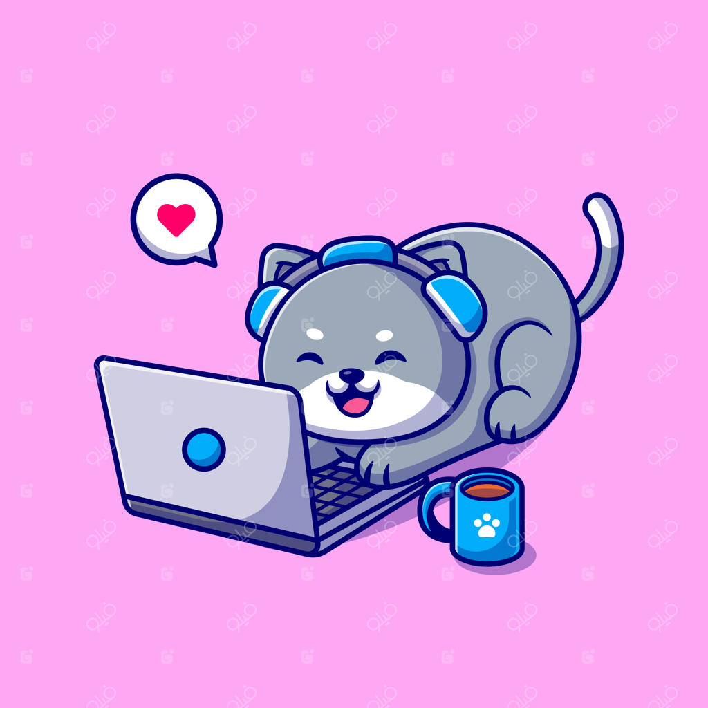 تصویر کارتونی گربه بامزه در حال کار با لپ‌تاپ: مفهوم فناوری حیوانات. سبک کارتونی ساده و جذاب.