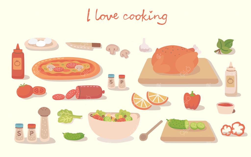 من عاشق پختن پیتزای خوشمزه، کیک، سوشی و سالاد با استفاده از وسایل آشپزخانه و مواد اولیه هستم. تصویرسازی به سبک مدرن و ساده