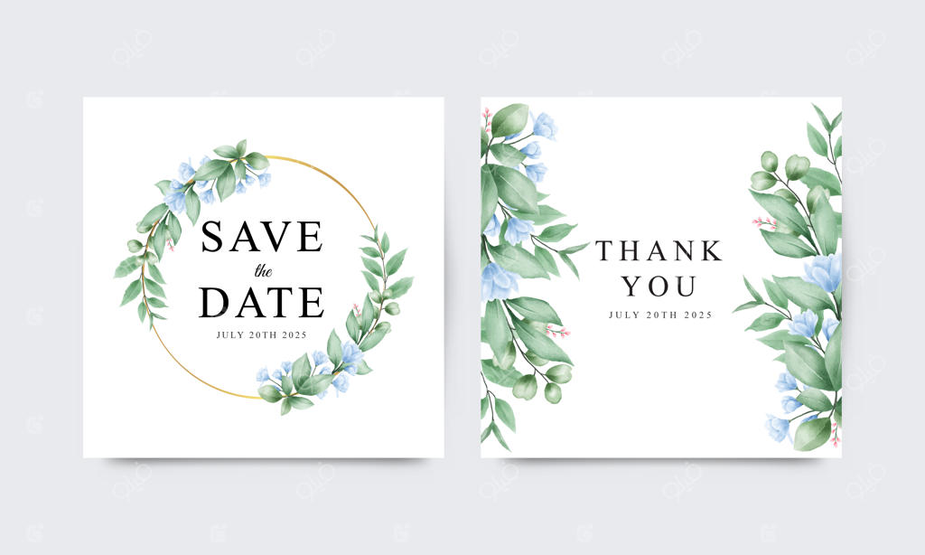 قالب کارت عروسی با گل‌های آبی و برگ‌های سبز