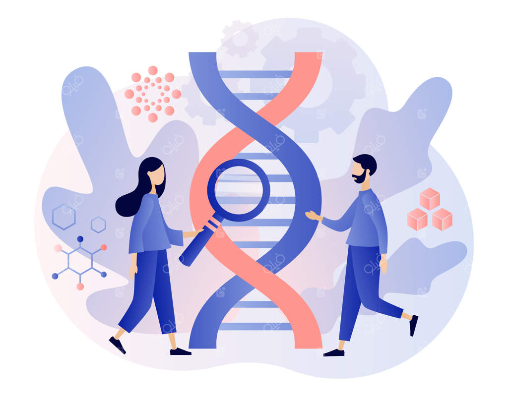 مفهوم زیست‌فناوری: بررسی DNA توسط افراد کوچک با استفاده از میکروسکوپ در آزمایشگاه ژنتیک