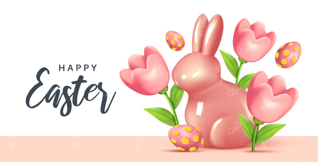 کارت پستال تبریک عید پاک با طراحی مدرن و ساده، شامل تخم‌مرغ‌ها، گل‌ها و خرگوش‌ها برای تبلیغات فروش در شبکه‌های اجتماعی و وب