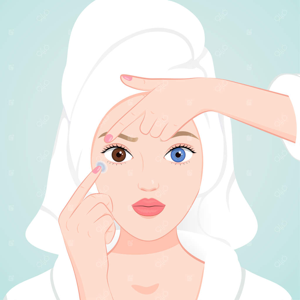 دختری در حال گذاشتن لنز در چشمانش با دست، با پوشیدن حوله حمام - مراقبت از پوست و آرایش نمای نزدیک