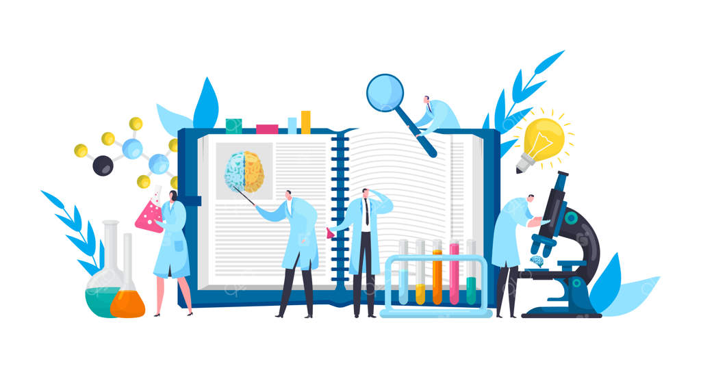 دانشمندان در آزمایشگاه کشف با کتاب، میکروسکوپ و علم تجربی