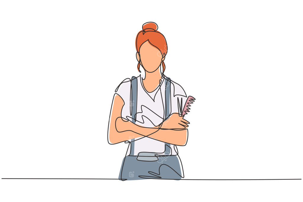 تصویرسازی خطی پرتره صاحب خوشحال سالن آرایشگر - زن جوان آرایشگر و متخصص زیبایی، طراحی وکتور خطی پیوسته