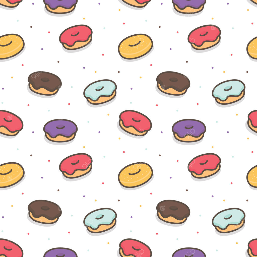 پترن یکپارچه دونات‌های رنگارنگ با شکر، ایده‌ای برای کاغذ کادو و کاغذ دیواری، طراحی کارتونی بامزه و ساده به سبک وکتور