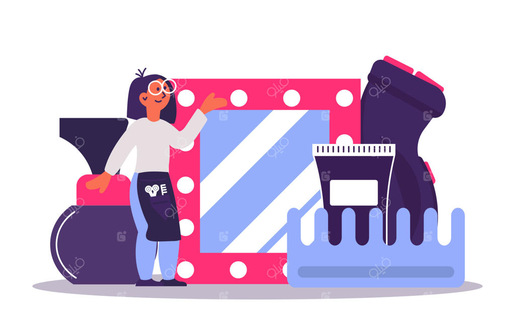 آرایشگر زن و سالن اصلاح مو. تصویرسازی وکتوری از کار آرایشگری و اصلاح مو. استاد آرایشگر با شانه یا آینه. خدمات حرفه‌ای برای زیبایی و آرایش مو.