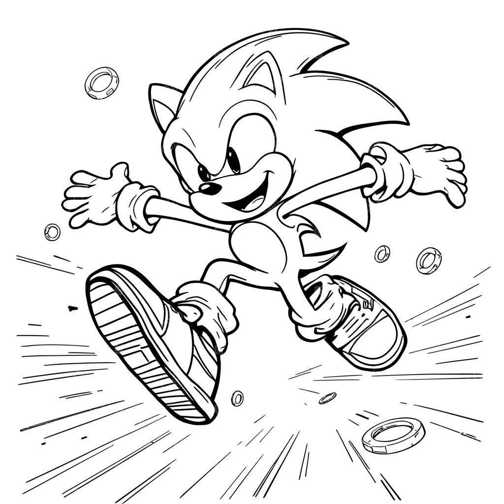 صفحه رنگ آمیزی کودکانه: جوجه تیغی آبی سریع در حال دویدن از میان حلقه‌های طلایی