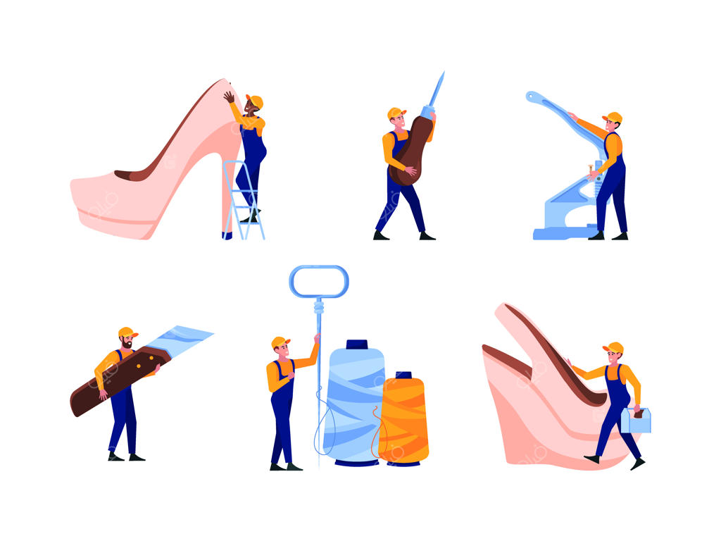 استاد تعمیر کفش: ابزارها و تصاویر کارگاه کفش‌دوزی و هنرمندان در گرافیک تخت و رنگارنگ