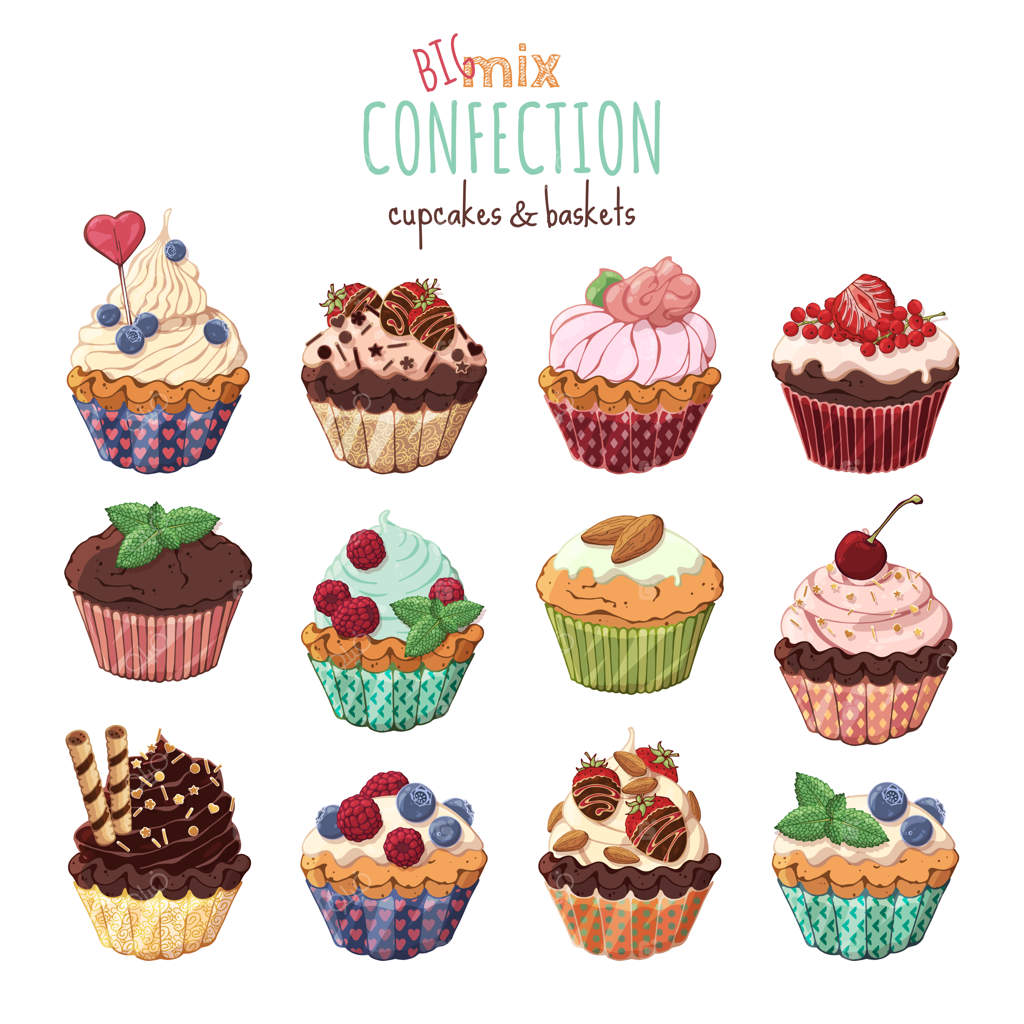 سبدهای شیرین و کاپ‌کیک‌های خامه‌ای تزئین شده با انواع توت و شکلات.