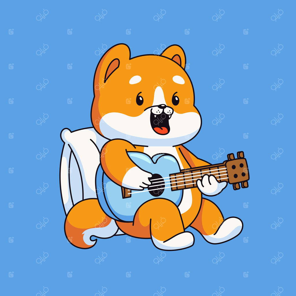 تصویر وکتور کارتونی سگ شیبا اینو بامزه در حال نواختن گیتار