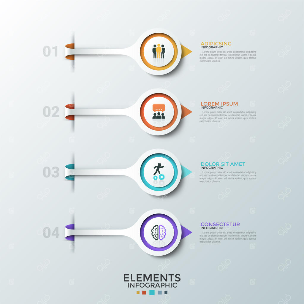 چهار عنصر دایره‌ای با آیکون‌های تخت درون آن‌ها که یکی زیر دیگری قرار گرفته و پیکان‌هایی به سمت جعبه‌های متنی دارند. مفهوم چهار مرحله از توسعه استارت‌آپ. قالب طراحی اینفوگرافیک.